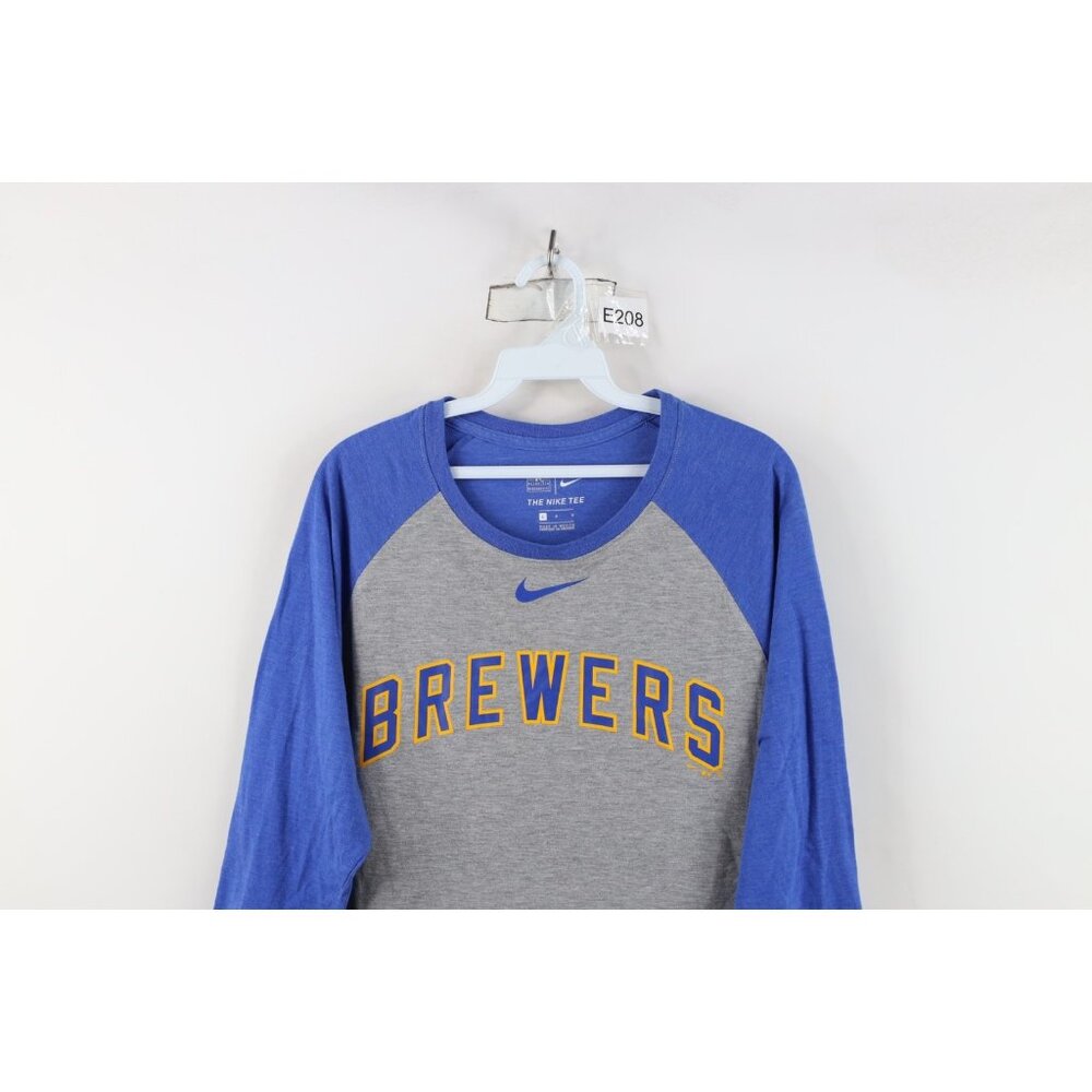 Nike Mens Large Faded Milwaukee Brewers Baseball 3/4 Sleeve Raglan T-Shirt Gray - Picture 2 of 16